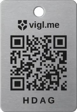 Full aluminium Vigil checkpoint tag with its mounting hole, QR code, and checkpoint identifier