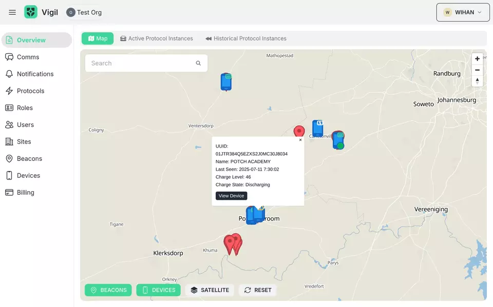 Vigil dashboard displaying guard locations and patrol activity on a map